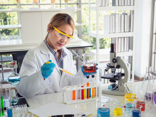 Asia scientific researcher holding a test tube of clear solution in a lab