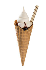 Ice Cream with chocolate syrup in white background. Dessert and sweet.