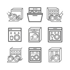 Dishwasher line icons set. Cleaning dishes symbol. Vector signs for web graphic.