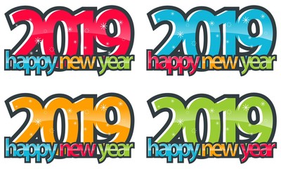 2019 Happy new year simple and minimalistic Greeting Card, Vector illustration Isolated flat design outline