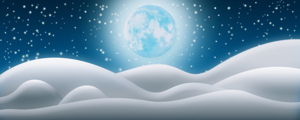 Obraz na płótnie Canvas Christmas Night Background. The Snow Fields, Full Moon and Starry Sky 3D Render