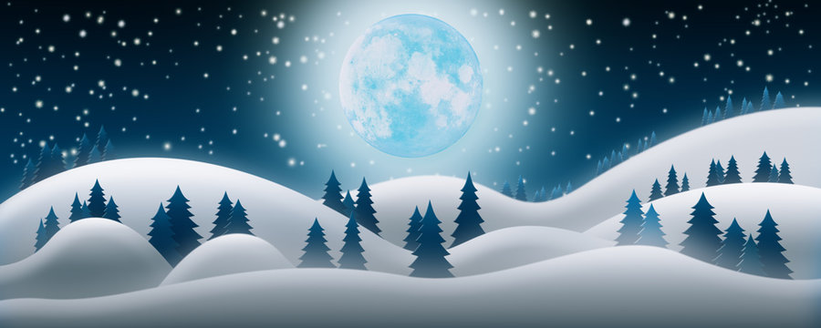 Christmas Night Background. The Snow Fields, Full Moon and Starry Sky 3D Render