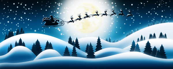 Santa Claus Rides Reindeer Sleigh in Christmas Night Over The Snow Fields With Full Moon and Starry Sky In Background 3D Render