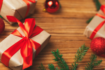 Christmas gifts with copy space on wooden table