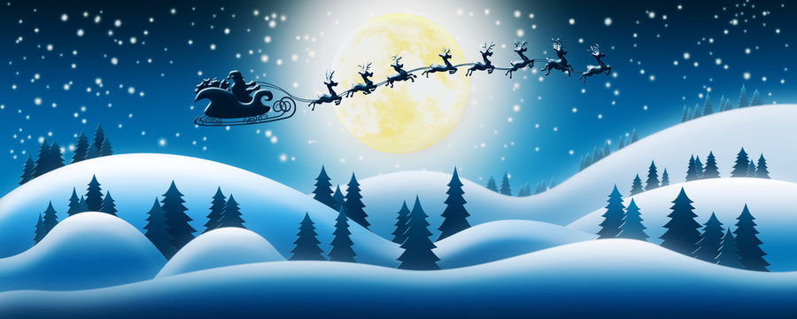 Santa Claus Rides Reindeer Sleigh in Christmas Night Over The Snow Fields With Full Moon and Starry Sky In Background 3D Render