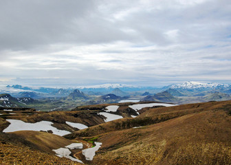 View on Alftavatn lake, glaciers, volcanoes, desert and mountains, Laugavegur trail, near...