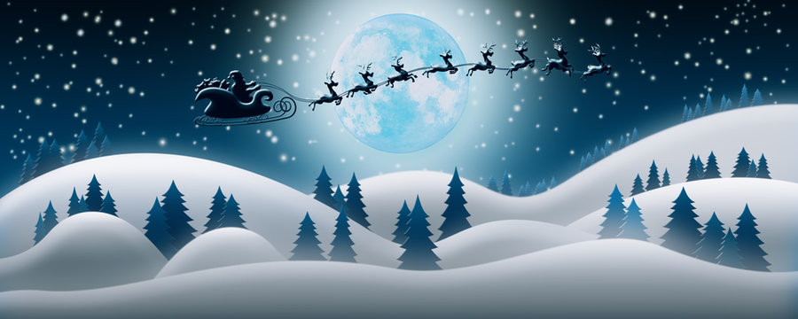 Santa Claus Rides Reindeer Sleigh in Christmas Night Over The Snow Fields With Full Moon and Starry Sky In Background 3D Render
