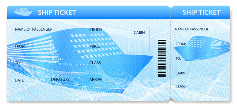 Vector Ship ticket (template / layout). Travel by Cruise liner (Transport). Enjoy your vacation. Isolated illustration on white background
