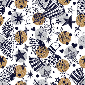 Doves and stars.  Christmas motif. Vector seamless pattern.
