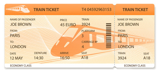 Vector Train ticket, Rail pass design, traveler check (template / layout) with train on orange background. Travel by Railway Transport. Enjoy your vacation. Isolated vector
