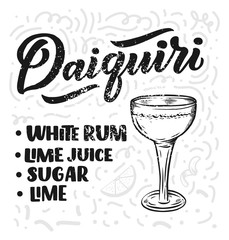 Lettering name of cocktail with glass. Template for card banner and poster for bar menu and restaurant