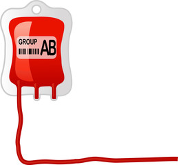 Bag of blood and plasma group  AB and rubber tube isolated on white background.