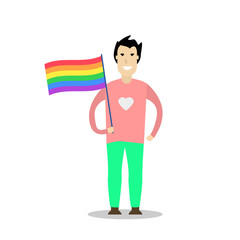 Young men wearing a rainbow t shirt and holding a rainbow flag.