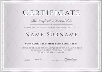 Certificate vector template. Formal silver border geometric pattern background for Diploma, certificate of appreciation, achievement, invitation, award