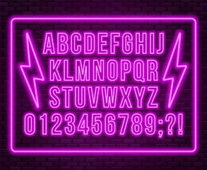 Obraz premium Neon pink font. Bright capital letters with numbers on a dark background.