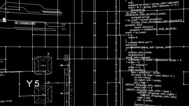 PNG Alpha.Technological HUD elements in curved screen.Zoom in animation.Futuristic heads up display with code text and infographic elements.