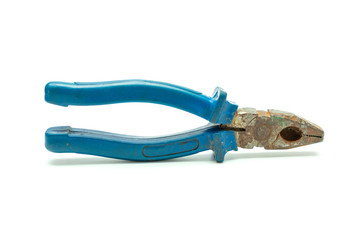 old pliers in blue isolation closeup on white background
