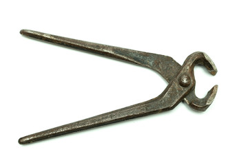 old iron nail pliers close up, on white background