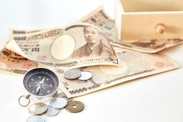 Closeup of Japanese yen notes coin