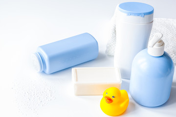 baby organic cosmetic for bath on white bakground
