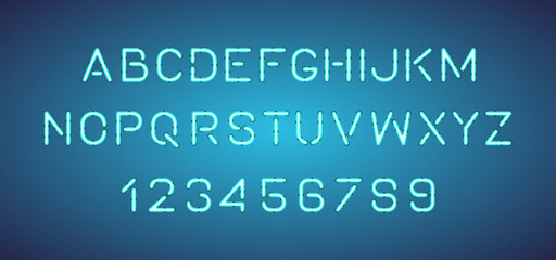 Bright Neon Alphabet Letters, Numbers. Isolated on Blue background