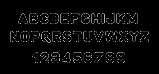 White of stylized modern font and alphabet. Isolated on Black background