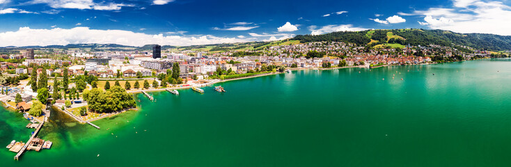 Aerial view of Zug old town with colorful houses, Zugersee and Rigi mountain, Zug, Switzerland,...