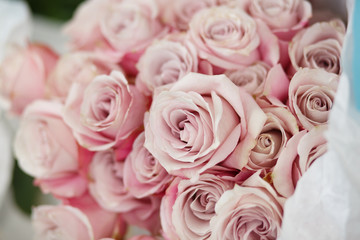 Obraz na płótnie Canvas Closeup fresh pink rose flowers. Wedding ceremony bouquet. Florist decoration