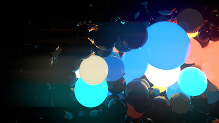 Multicolored luminous glowing balls on black background. 3d rendering