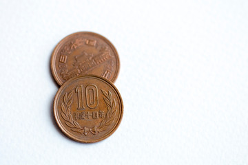 Japanese small money coins 10 yen on white space background