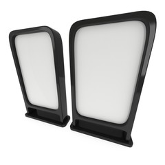 LCD Screen Stand. Blank Trade Show Booth. 3d render of lcd screen isolated on white background. High Resolution. Ad template for your expo design.