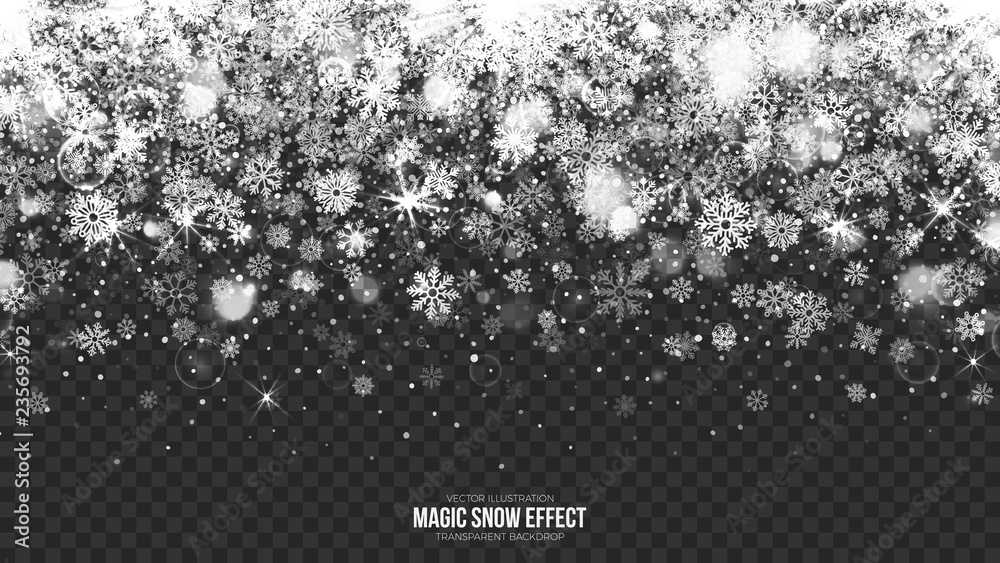 Wall mural Vector Merry Christmas Magic Falling Snow Border with Realistic Bright Snowflakes and Lights Overlay on Transparent Background. Xmas and Happy New Year Holidays Abstract Illustration. Design Template