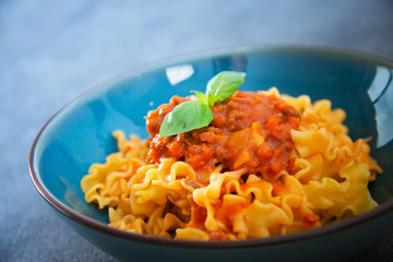 Radiatori pasta Bolognese on the table