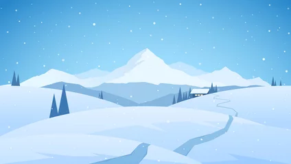 Fotobehang Winter besneeuwde bergen vlak landschap met pad naar cartoon huis. Kerst achtergrond © deniskrivoy