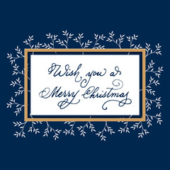 vector christmas background with hand drawn words wish you a merry christmas in a frame. design for gift cards, print, presents
