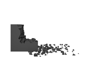 3d rendering of an isolated black square half destroyed with its uneven pieces lying nearby.