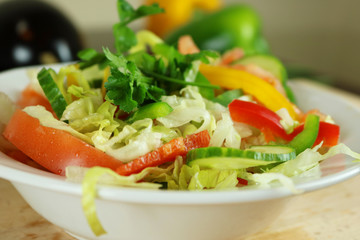 Fresh vegetable salad with paprika, cucumber, tomato, parsley and spices.