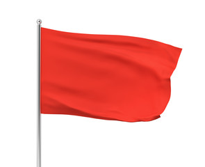 Obraz premium 3d rendering of red flag hanging on post and wavering on a white background.