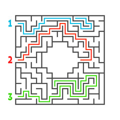 Abstract square maze. Game for kids. Puzzle for children. Three entrance, one exit. Labyrinth conundrum. Flat vector illustration isolated on white background. With answer. With place for your image.