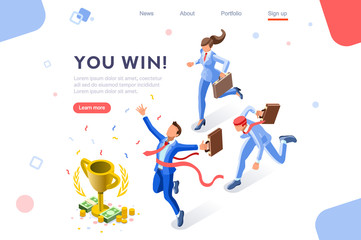 Fototapeta na wymiar Cup challenge reward, top prize, happy target images. Luck on competition, financial event, fortune and victory for the growth. Winner with coins and employees. Flat isometric vector illustration.