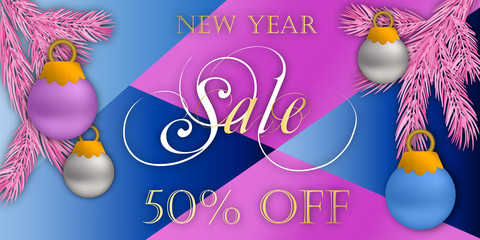 Naklejka premium Creative template for sales and advertising Happy New Year. stylish inscription on the background of Christmas trees and balls. modern concept of product promotion