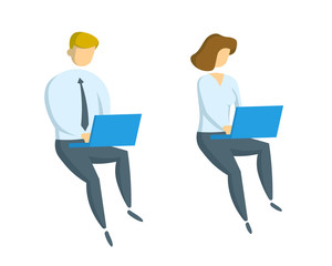Fototapeta na wymiar Businessman and businesslady working at the laptop. Office, business and communication. Pair of icons. Flat vector illustration. Isolated on white background.