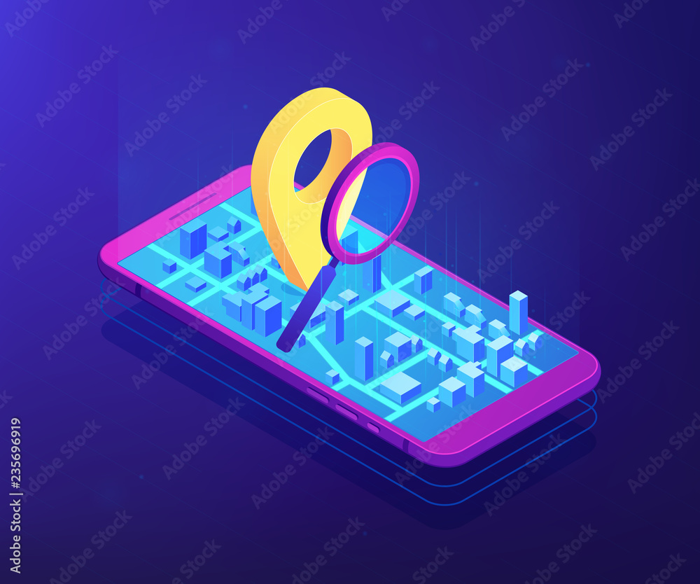 Wall mural mobile phone with navigation pin on city map app and magnifier. mobile tracking soft, navigation mob