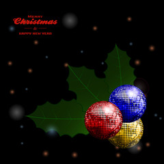 Fototapeta na wymiar Festive holly disco balls and text on glowing background