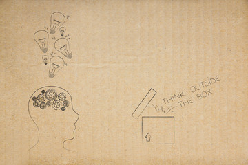 think outside the box caption popping out next to person with gearwheel brain and ideas flying above his head