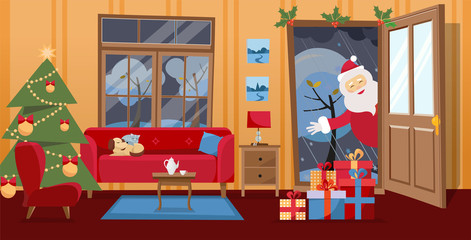 Obraz premium Open door and window overlooking the snow-covered trees. Christmas tree, gifts in boxes and red furniture sofa inside. Santa Claus looks in doorway, brought gifts. Flat cartoon vector illustraton