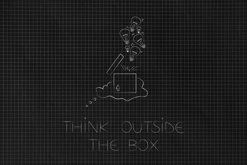 think outside the box tthought bubble with parcel and ideas breaking free from it