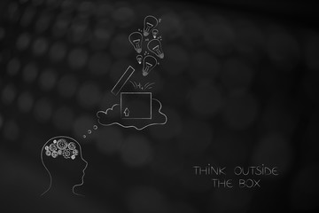 think outside the box person with gearwheel brain and thought bubble with  parcel and ideas breaking free from it