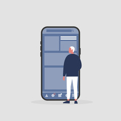 Young male character standing in front of the  smartphone screen. Social media life. Digital space. Millennial user. Flat editable vector illustration, clip art