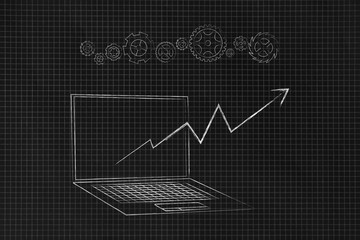 laptop with positive stats popping out of the screen and gearwheels above